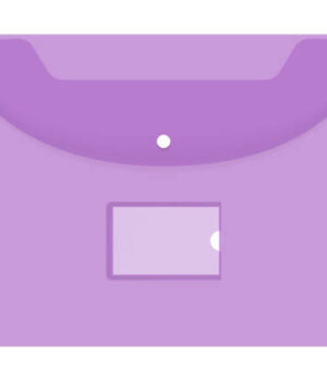 Transparent color plastic envelope folder with snap button and label pocket, mock-up. Clear document bag for education and business, vector illustration.